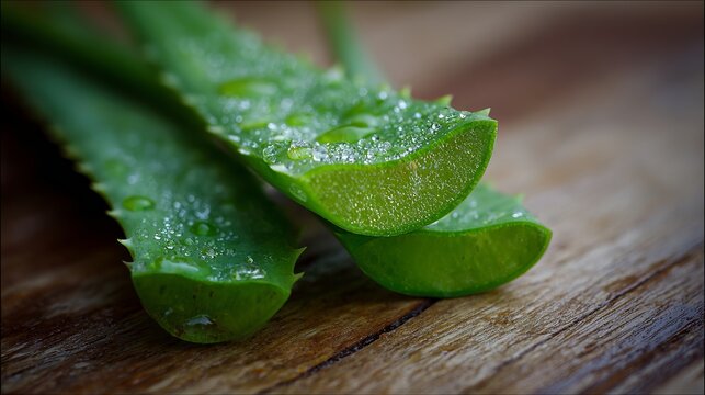 A close-up view of aloe vera slices on a wooden surface with water droplets