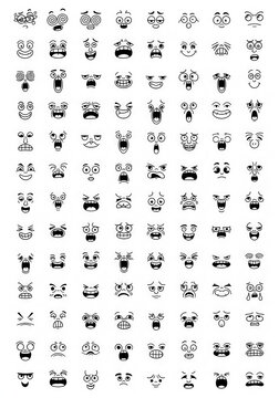 Large Collection of Hand Drawn Cartoon Facial Expressions and Emojis in Black and White Line Art Style