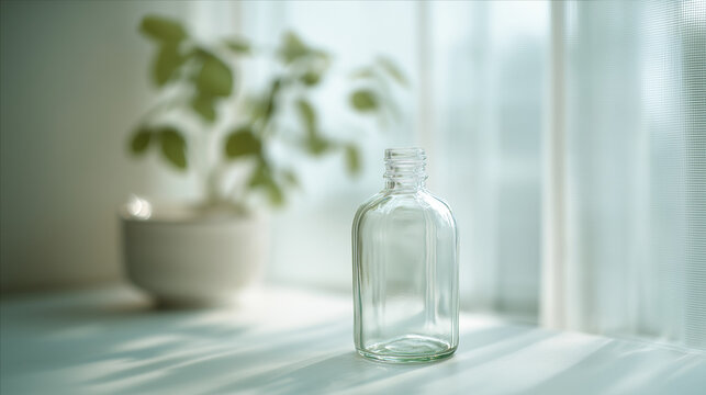 A small empty clear glass bottle stands on a white surface with a blurred green plant in the background