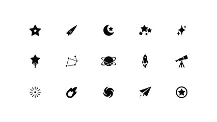 Cosmic and astronomical icon set featuring stars planets rockets and space related objects. © Shovon