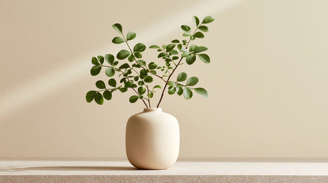 A small green plant branch rests inside a simple beige ceramic vase on a table with a neutral background