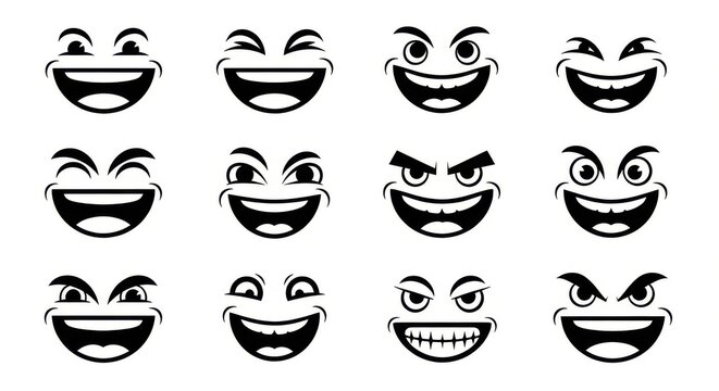 Set of Cartoon Facial Expressions and Smiles for Graphic Design - Black and White Vector Icons Collection
