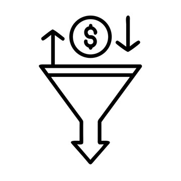 Money funnel with up and down arrows icon - Minimalist vector icon showing a funnel with dollar sign and dual directional arrows indicating financial flow or investment concept.