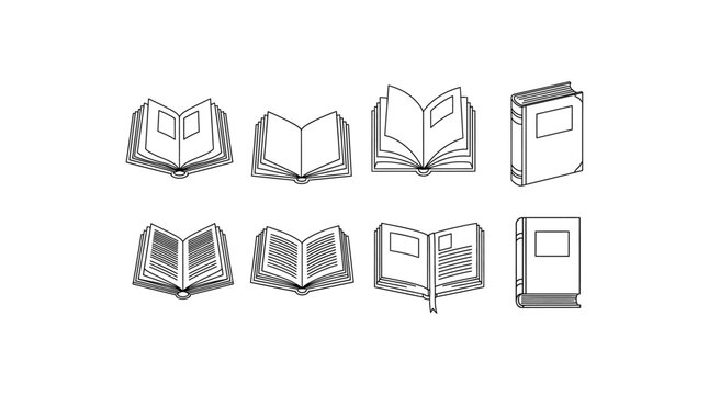 Minimalist black and white line art collection of various open and closed book icons