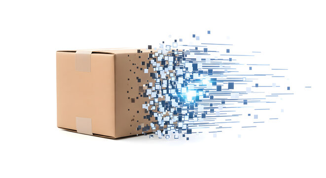A cardboard box dissolving into digital pixels against a white background&mdash;a metaphor for instant digital logistics and hyperlocal delivery. Created using AI.
