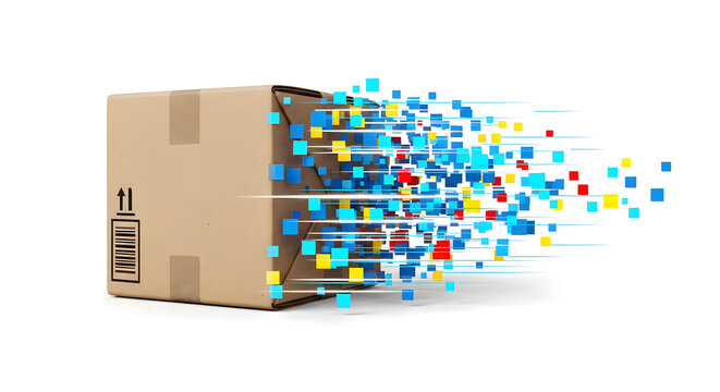 A cardboard box dissolving into digital pixels against a white background&mdash;a metaphor for instant digital logistics and hyperlocal delivery. Created using AI.
