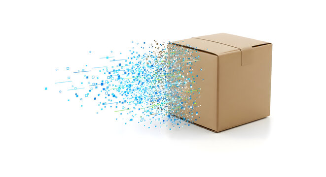 A cardboard box dissolving into digital pixels against a white background&mdash;a metaphor for instant digital logistics and hyperlocal delivery. Created using AI.
