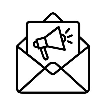 Megaphone inside open envelope icon - Minimalist black and white vector icon showing a megaphone inside an open envelope, symbolizing announcement or communication.