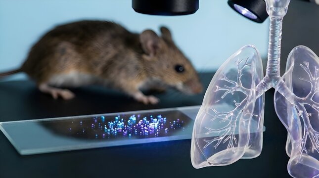 Laboratory mouse with lungs illustration and microscope slide
