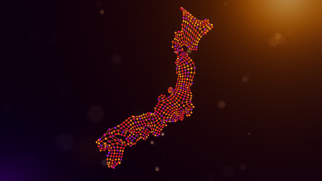 Japan map visualization formed by interconnected network nodes and digital mesh lines over a glowing purple and orange bokeh background, representing technology, connectivity, and innovation.