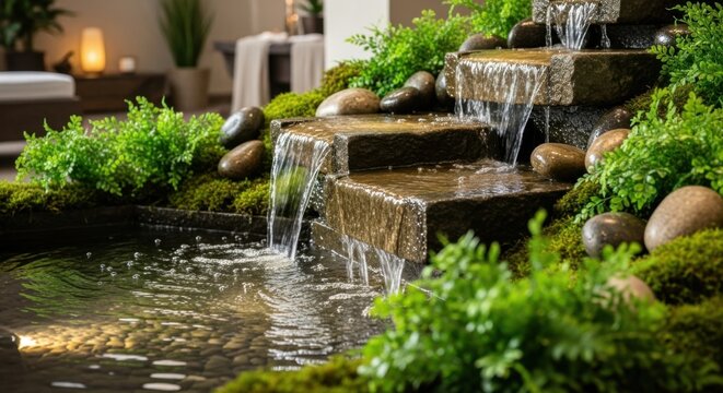 Serene Waterfall in Lush Garden Oasis.