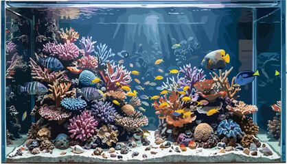Large colorful aquarium tank vector illustration, tropical marine fish swimming in underwater coral reef, beautiful ocean wildlife graphic design background © Mdjoshelahamed4400 