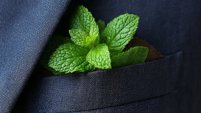 A close-up of fresh mint leaves tucked into a dark blue suit pocket