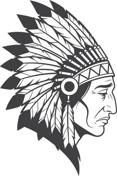 Black and white illustration of a native american man wearing a feathered headdress isolated on white background
