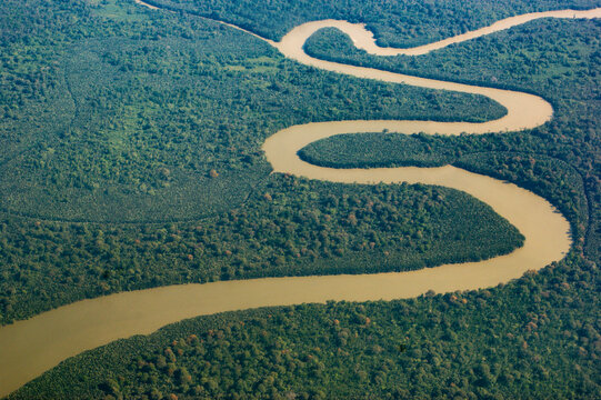 Aerial landscape of winding river and rainforest between Bario and Miri, Sarawak, Borneo