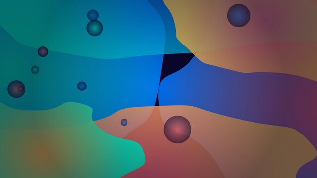 A colorful abstract artwork featuring various shapes and floating bubbles