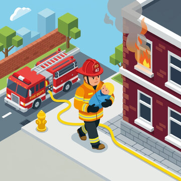 Firefighter in orange uniform holding hose.