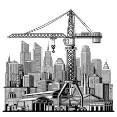Fototapeta premium Cityscape illustration with crane and buildings, monochrome design