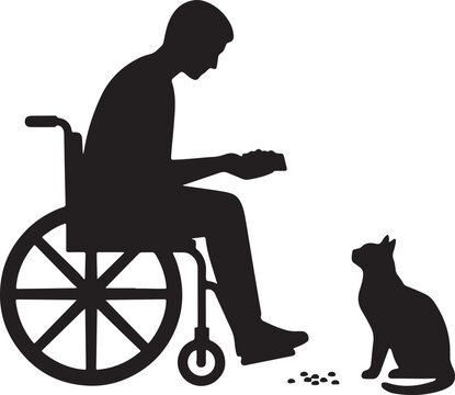 Silhouette of a man in a wheelchair feeding a cat with silhouette, wheelchair