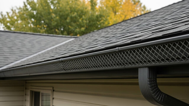 Modern residential house roof with asphalt shingles and metal mesh gutter guards installed for leaf protection