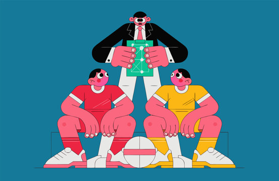 A cartoon illustration of a suited monkey holding a clipboard standing over two monkeys sitting on a bench with a soccer ball