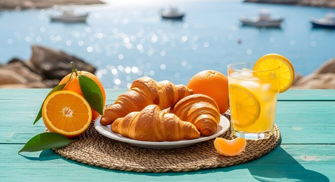 Fresh continental breakfast and morning relaxation. Healthy summer lifestyle and food indulgence. Croissants and orange juice on a table with a seaside view