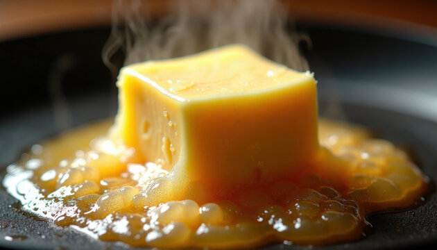 Piece of butter in shape of parallelepiped began to melt in hot frying pan with dark non-stick surface. Foam bubbles. Minimalist food art, geometric shape, melting process, clear composition
