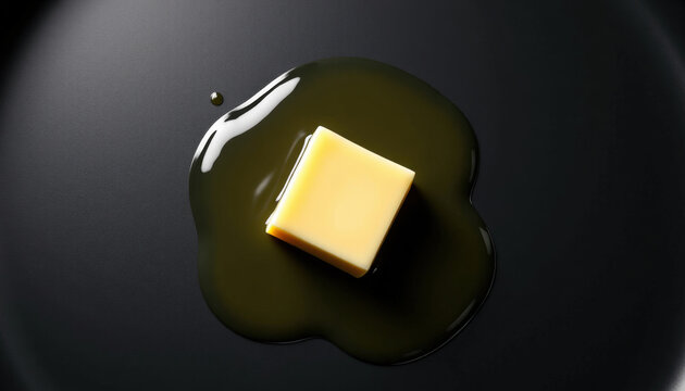 Piece of butter in shape of parallelepiped began to melt in hot frying pan with dark non-stick surface. Minimalist food art, geometric shape, melting process, clear composition (top to bottom).