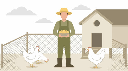 Farmer holding a bowl of fresh eggs on a chicken farm with hens and coop © Mountain Top Studio