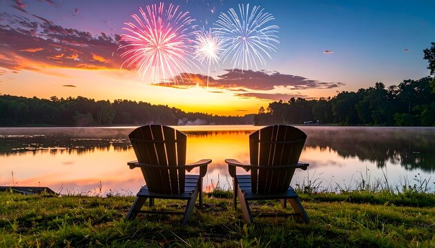 Dos sillas junto a un lago al atardecer con fuegos artificiales en el cielo y reflejos sobre el agua