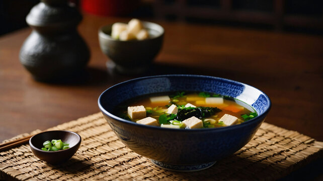 Traditional Japanese miso soup with tofu, wakame seaweed and green onions served in a ceramic bowl. Soup rich in umami flavor