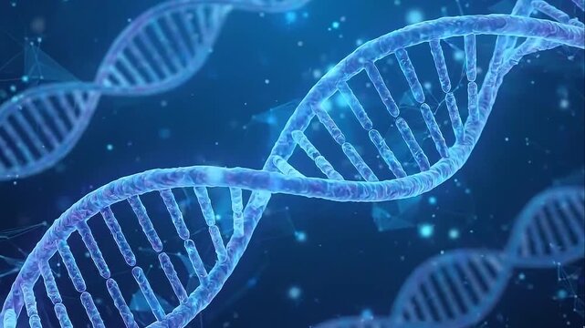 Cinematic 3D Animation of Rotating DNA Double Helix Structure on Abstract Blue Background