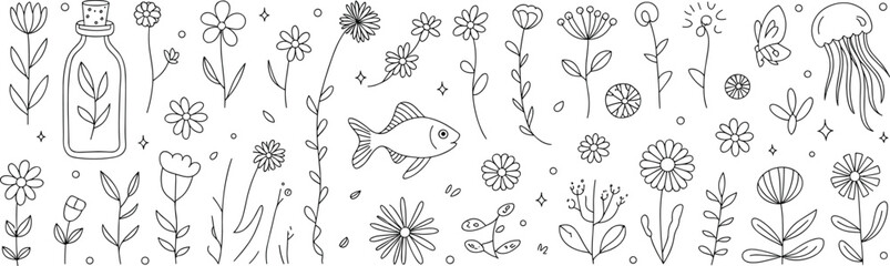 Cute doodle flower and nature elements set with fish jellyfish and bottle vector for kids coloring books © Yesrath Hasan