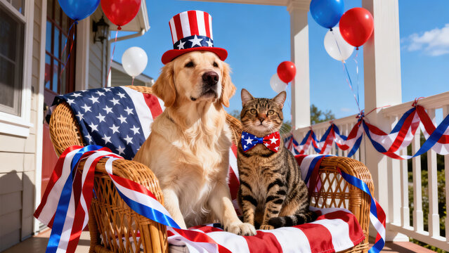 A cheerful dog and cat donning colorful patriotic hats, celebrating together in a display of unity and national pride