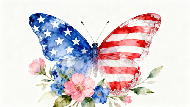 Butterfly with USA flag on wings surrounded by flowers. Patriotic symbol of American national holiday. Great clip art design for Independence day. Illustration for cards, prints and decoration.