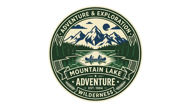 Mountain lake adventure logo emblem.