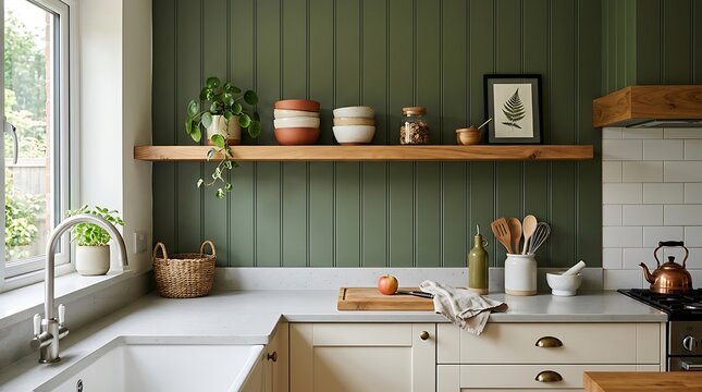 Modern farmhouse kitchen interior with green walls and wooden shelving