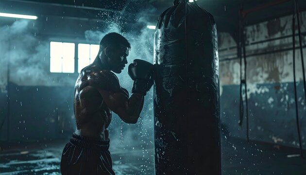 Boxeador entrenando con saco de boxeo en un gimnasio oscuro con iluminaci&oacute;n dram&aacute;tica y ambiente intenso