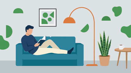 Obraz premium Man reading book on sofa at home, cozy living room leisure time