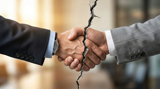Two hands shaking, split by a crack, symbolizing a broken agreement or a challenging business relationship, with space for text.