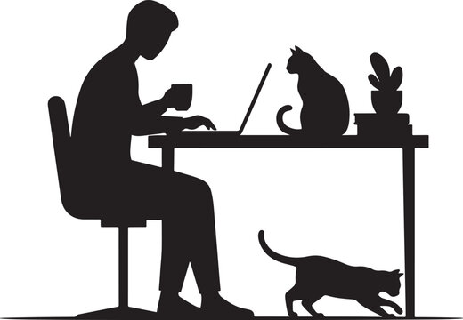 Silhouette of a person working on a laptop with cats at a desk, home office