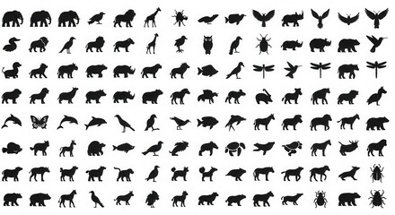 Obraz premium Large Collection of Animal Silhouettes Vector Set Including Mammals Birds Fish and Insects on White Background