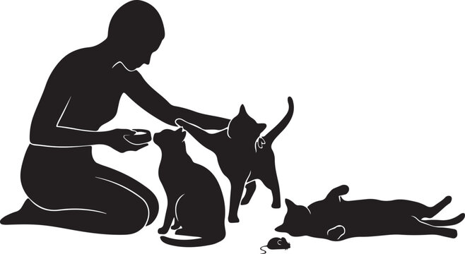 Silhouette of a person kneeling and feeding multiple cats with pet care