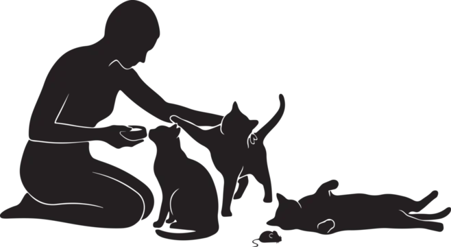 Silhouette of a person kneeling and feeding multiple cats with pet care
