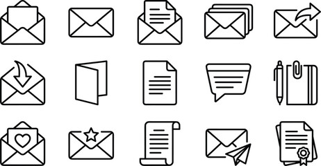 Black line email and document icon set featuring open envelopes sent mail paper plane notebook star and certificate symbols vector illustration. © REYAD