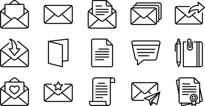 Black line email and document icon set featuring open envelopes sent mail paper plane notebook star and certificate symbols vector illustration.