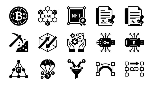Blockchain and Cryptocurrency Icons Set: Bitcoin, NFT, DAO, Mining, USB, Smart Contract