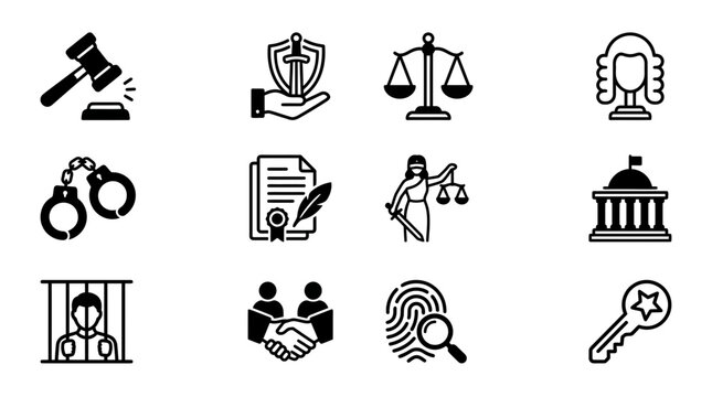 Law and Justice Icons Set: Gavel, Scales, Lady Justice, Handcuffs, Court