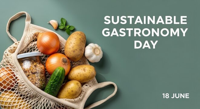 Earthy green background banner featuring eco friendly string bag packed with fresh potatoes onions and green cucumbers