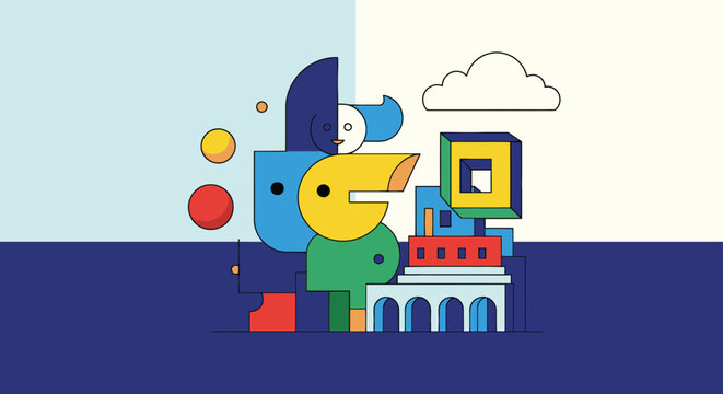 Vibrant Abstract Digital Illustration Blending Organic Forms and Industrial Structures
